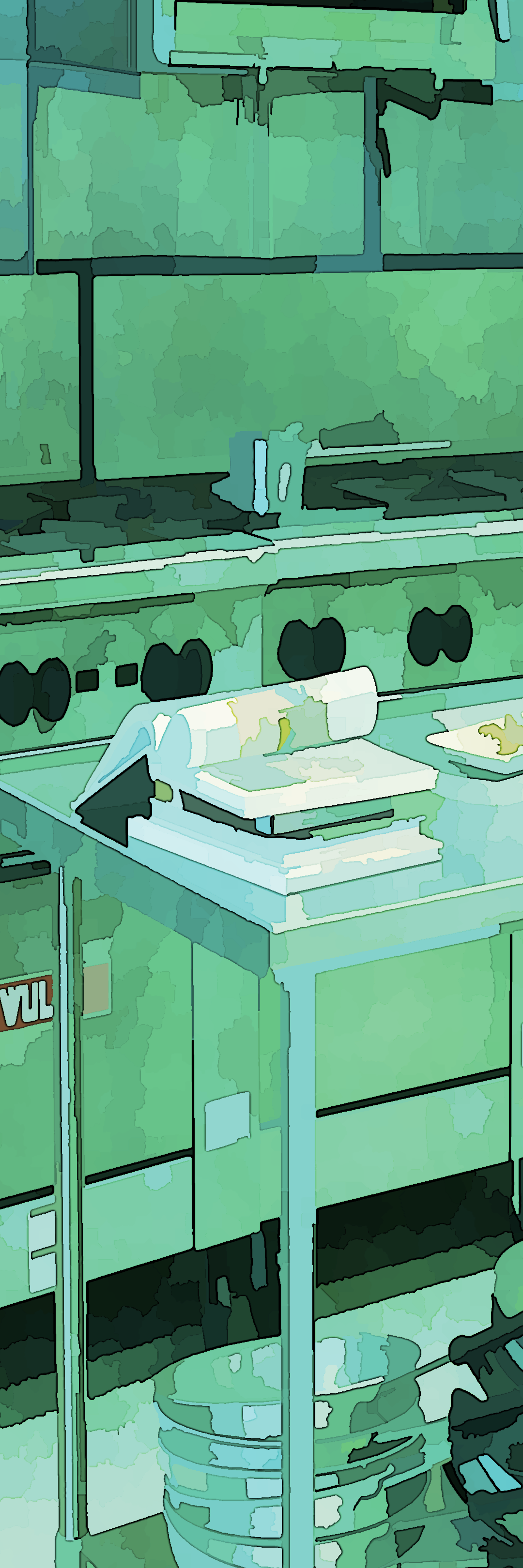 Restaurant kitchen with blue lighting.