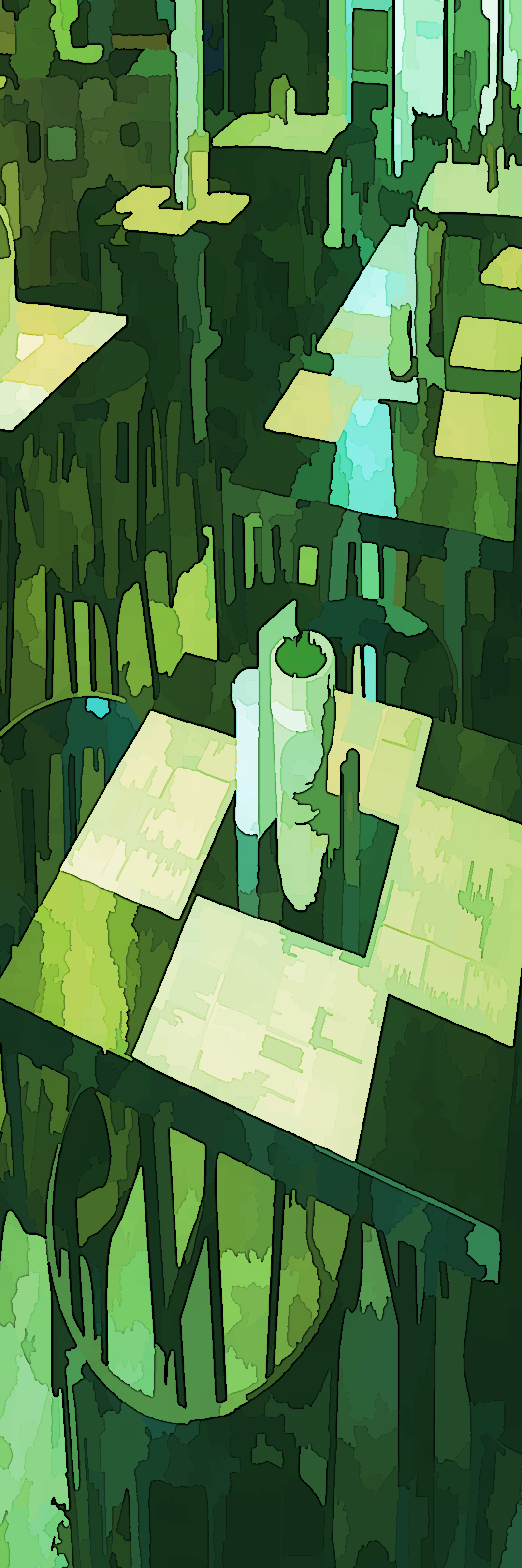 Restaurant with square tables and green lighting.