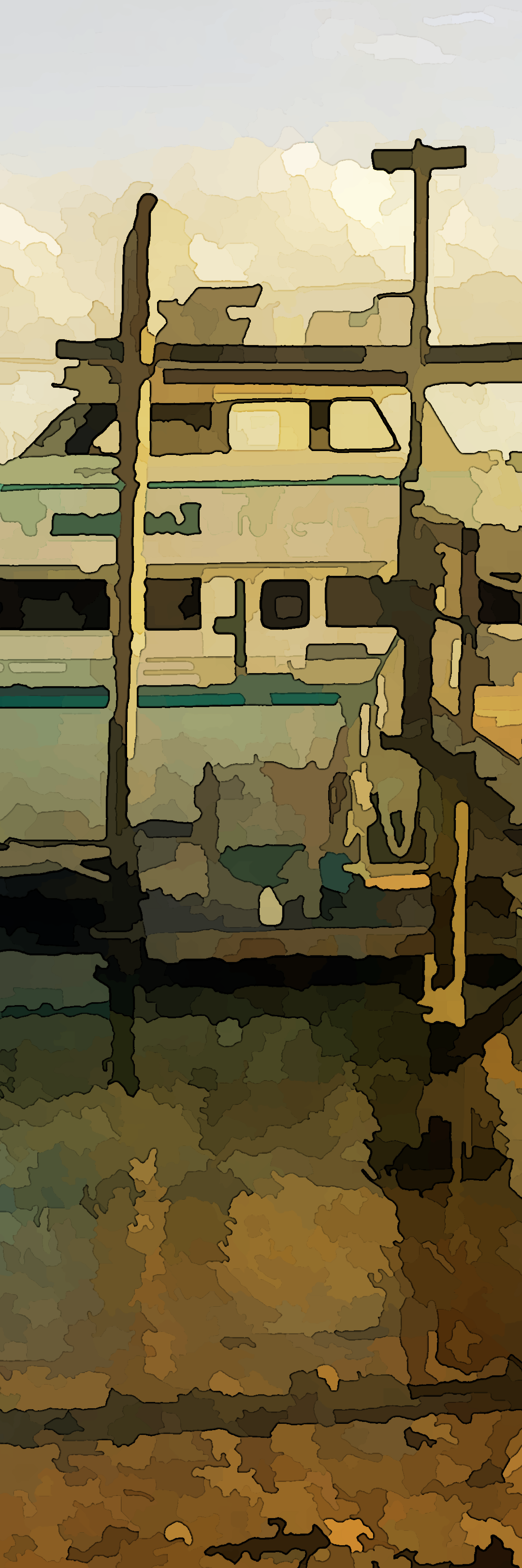 A boat at a wooden dock under a sunset-like sky.