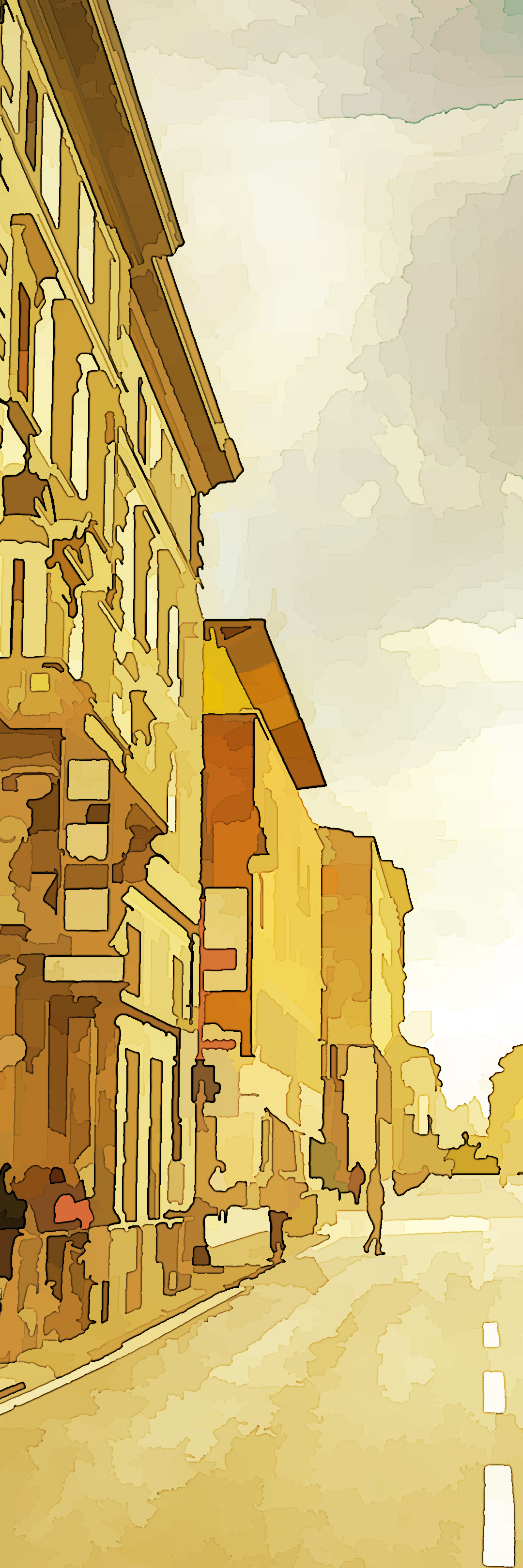 A city street with a noticeable yellow hue.