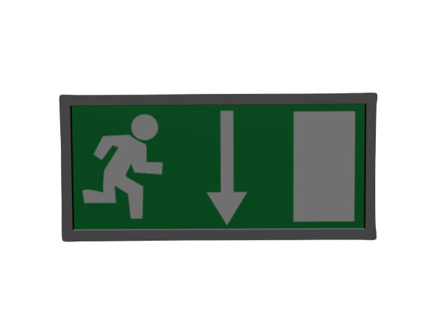 Front view of a grey and green fire escape sign.