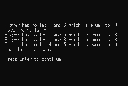 A screenshot of a short craps game in a c++ window. It shows the player rolling two 6's and two 9's, winning the game.
