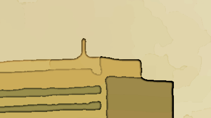 A photo of a top of a building against a cloudy sky, edited to resemble a watercolour painting.