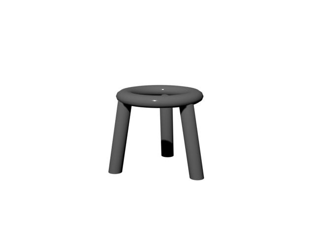 Angled view of a round, metal grey tripod.